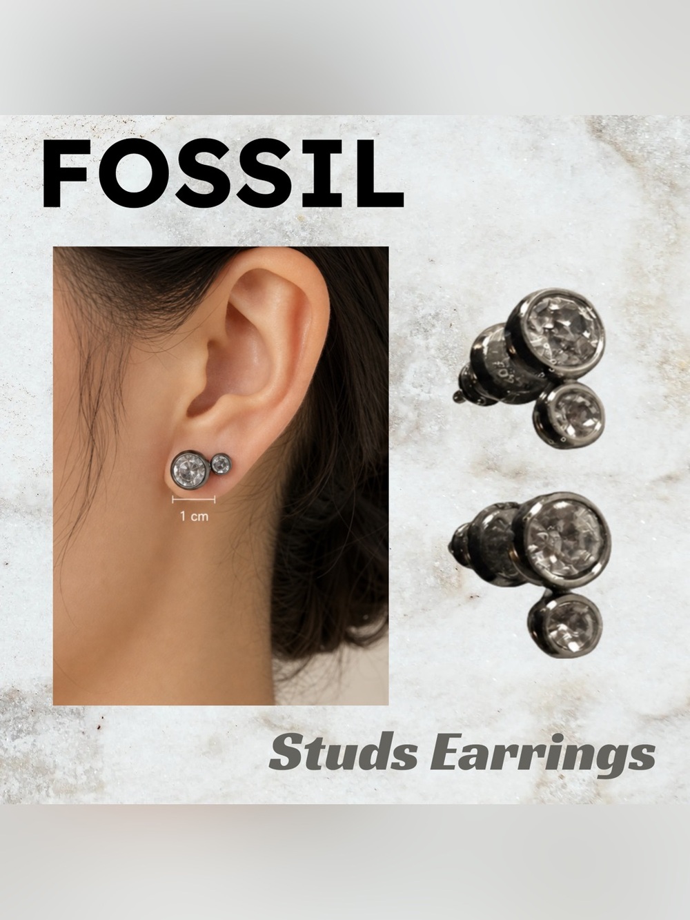 👍VGUC FOSSIL | 1 cm | Modern chic Dual-Sided Stud Earrings - metal & clear gem